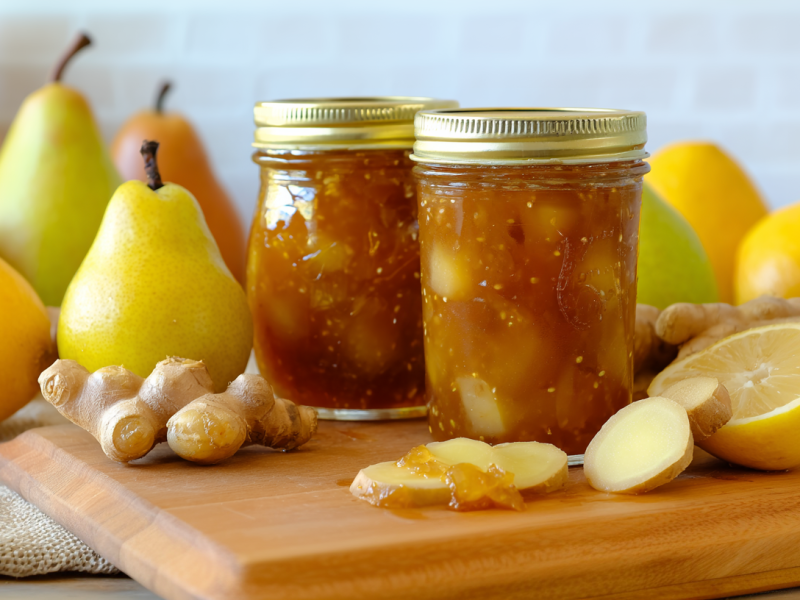 Zwei Gläser Nashi-Birnen-Marmelade auf einem Holzbrett. Im Hintergrund liegen zahlreiche Birnen. Neben und vor den Gläsern liegt etwas frischer Ingwer und eine angeschnittene Zitrone.