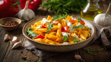 Eine Schale mit Nudeln mit Ofenkürbis-Paprika-Soße. Zuaten wie frischer Knoblauch und Pfeffer stehen als Deko außen herum.