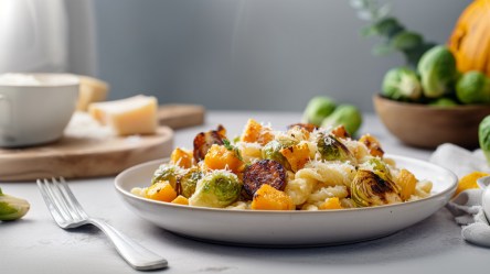 Ein Teller mit einer Portion Nudelpfanne mit Kürbis, Rosenkohl und Würstchen. Im Hintergrund kann man etwas Kürbis, Rosenkohl und ein Stück Parmesan erkennen. Minimalistisches Küchensetting.