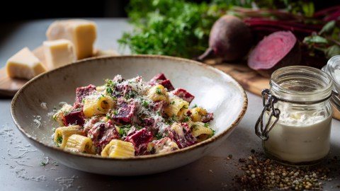 Ein Teller Pasta mit Roter Bete und Crème fraîche. Ringsum und im Hintergrund kann man frische Rote Bete, Stücke Parmesan und ein Glas mit Crème fraîche erkennen.