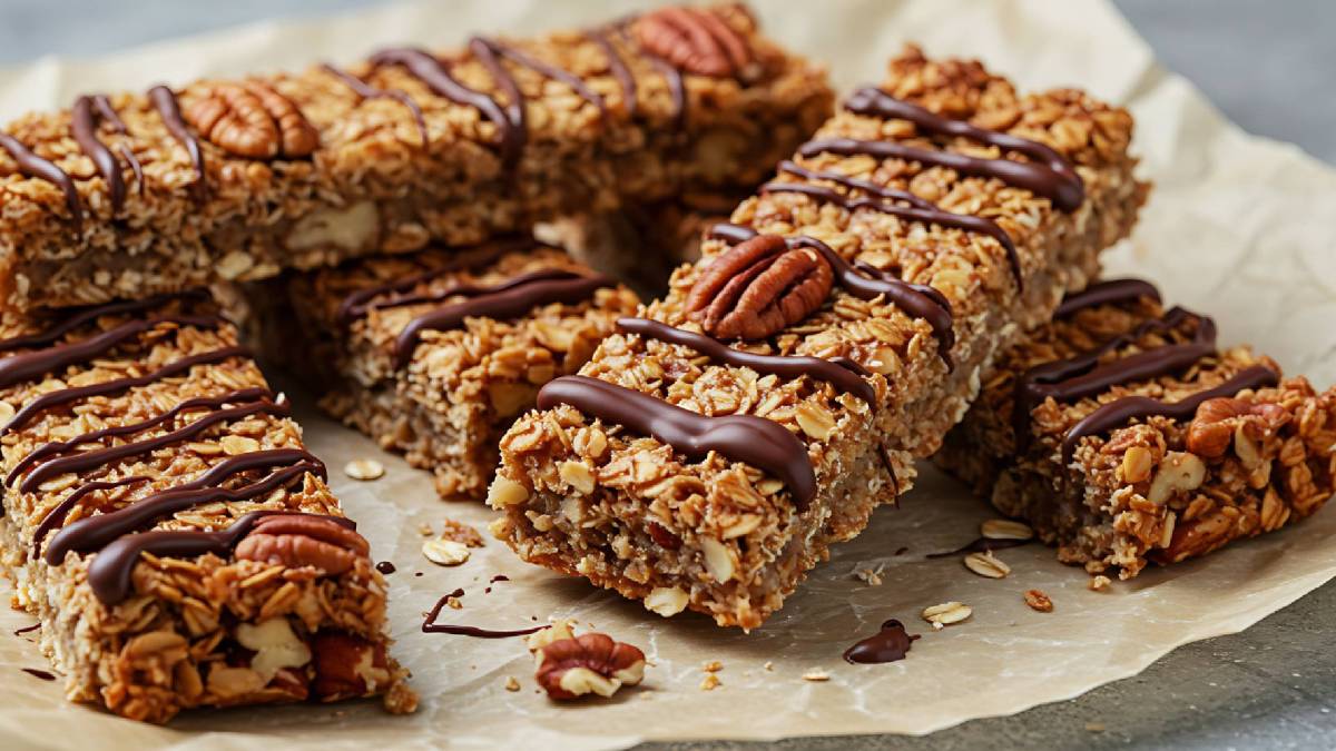 Backpapier mit mehreren Pekannuss-Haferflocken-Riegel darauf verteilt