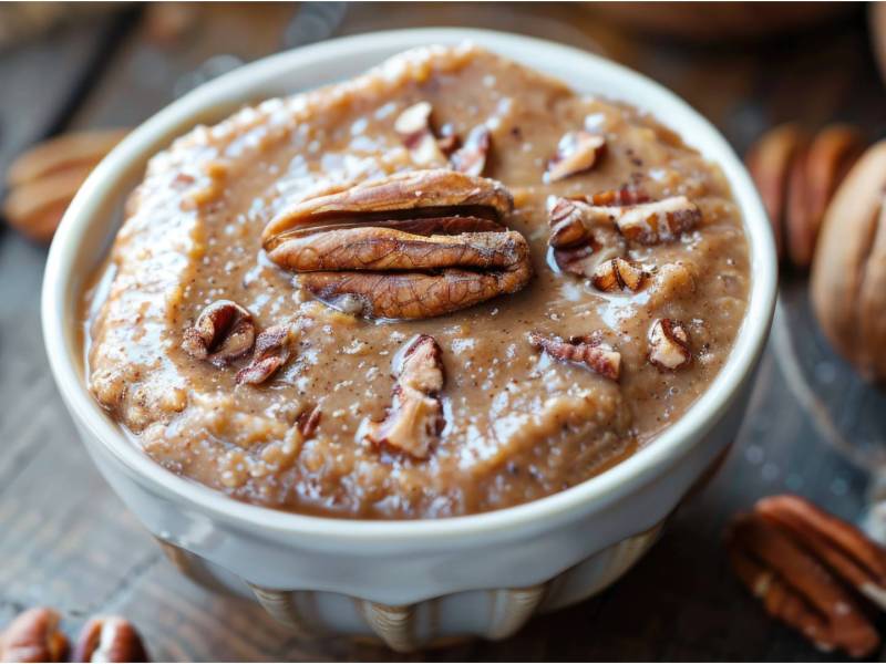 Schale mit Pekannuss-Butter auf einem Tisch