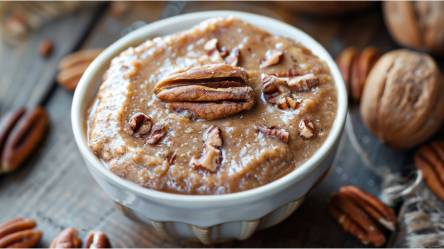 Schale mit Pekannuss-Butter auf einem Tisch