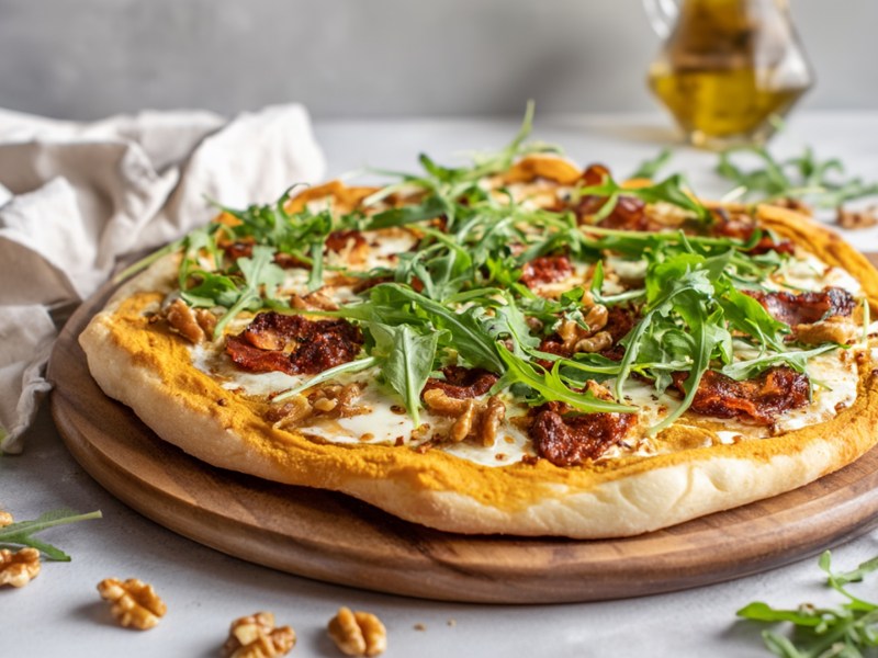 Ein rundes Holzbrett, auf dem eine Pizza mit Kürbissoße, Chorizo und Rucola liegt. Ringsum liegen ein paar Walnüsse und frischer Rucola verstreut.