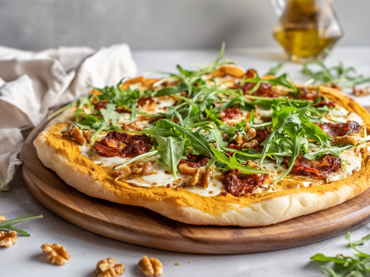 Ein rundes Holzbrett, auf dem eine Pizza mit Kürbissoße, Chorizo und Rucola liegt. Ringsum liegen ein paar Walnüsse und frischer Rucola verstreut.