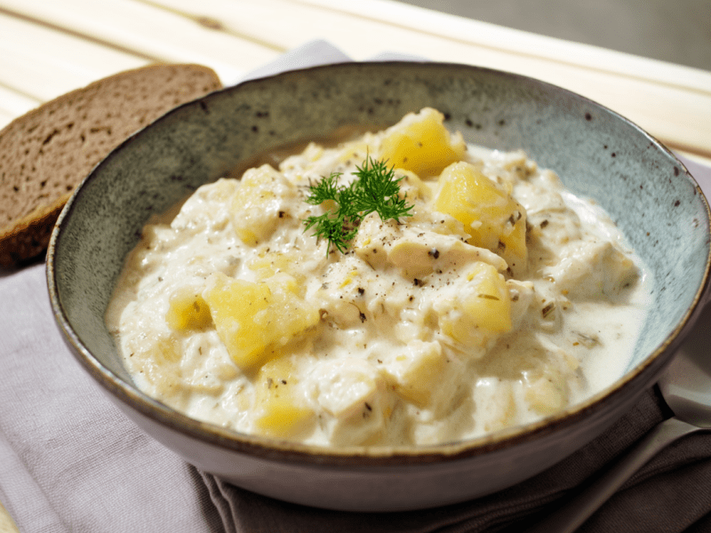 Plokkfiskur in einer grauen Schüssel. Im Hintergrund liegt eine Scheibe Brot. Rechts neben der Schale liegt ein Löffel.