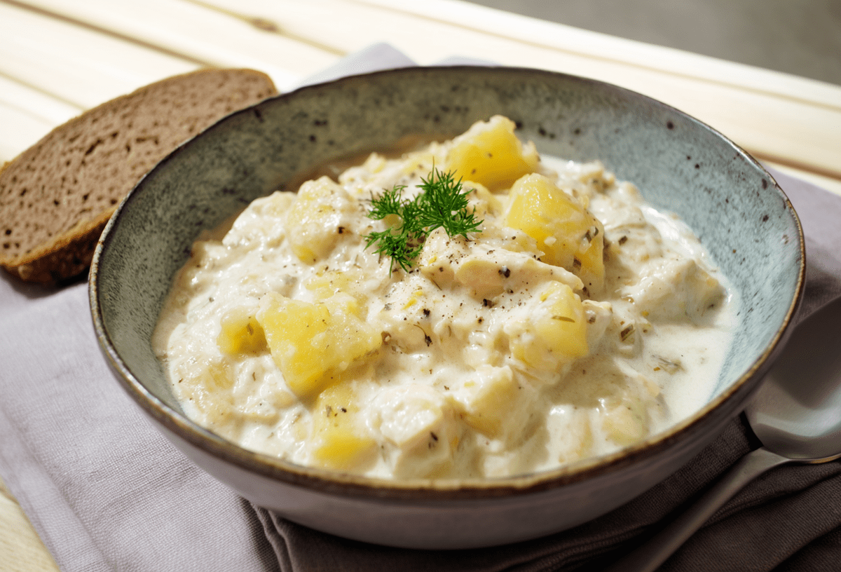 Plokkfiskur in einer grauen Schüssel. Im Hintergrund liegt eine Scheibe Brot. Rechts neben der Schale liegt ein Löffel.