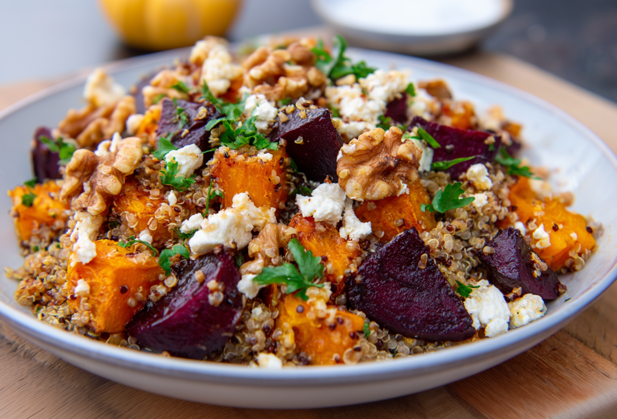 Eine Quinoa-Bowl mit Kürbis und Rote Bete sowie Walnüssen und Feta. Garniert mit frischen Kräutern.