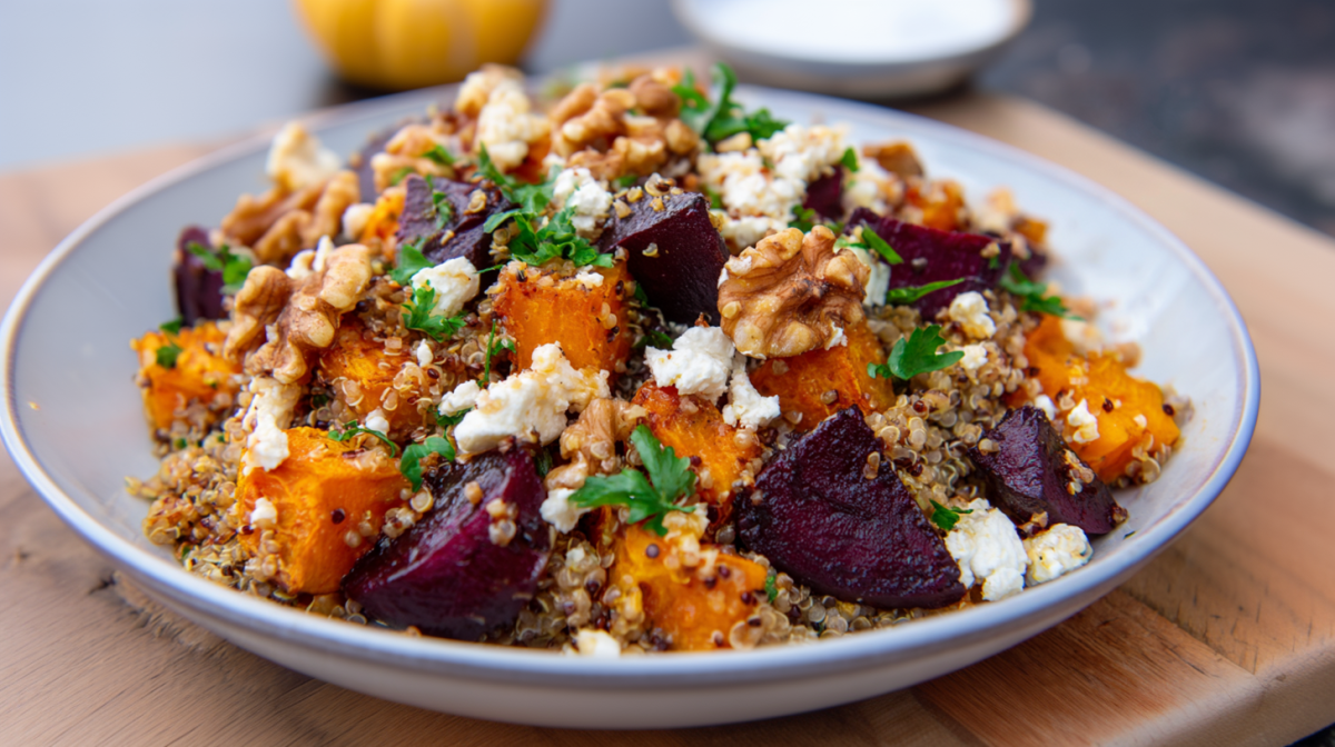 Eine Quinoa-Bowl mit Kürbis und Rote Bete sowie Walnüssen und Feta. Garniert mit frischen Kräutern.