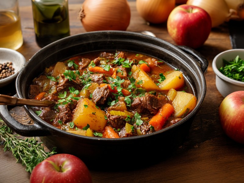 Ein Rindfleischeintopf mit Apfelwein. Ringsum liegen Äpfel, frische Kräuter, Karottenstücke und vieles mehr verstreut.