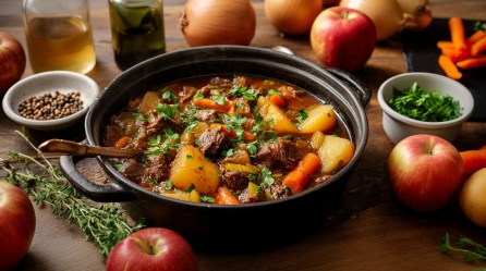 Ein Rindfleischeintopf mit Apfelwein. Ringsum liegen Äpfel, frische Kräuter, Karottenstücke und vieles mehr verstreut.