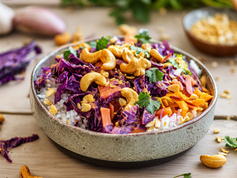 Eine Schale Rotkohl-Curry auf einem Holztisch. Das Curry ist mit Cashewkernen bestreut.