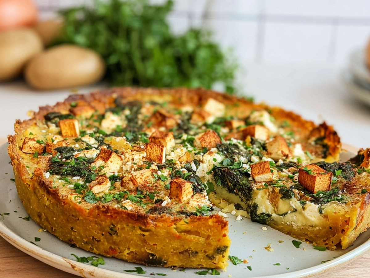 Ein Teller mit einer angeschnittenen Smashed Potato Tarte mit Räuchertofu, Spinat und Feta. Im Hintergrund liegen Kartoffeln, ein frischer Bund Kräuter.