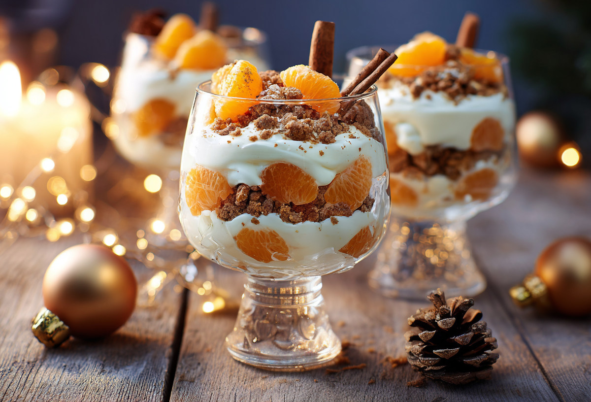 Gläser mit Spekulatius-Mandarinen-Creme auf einem Holzboden. Außen herum liegt festliche Dekoration.