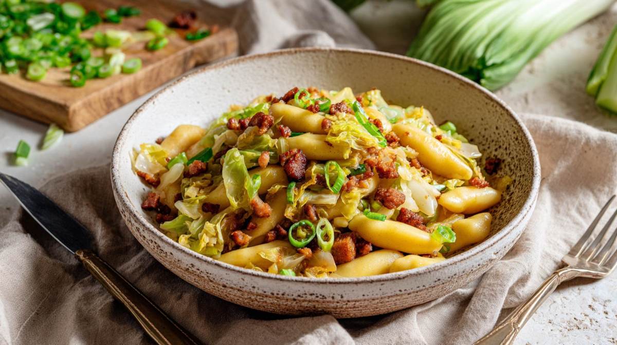 Eine Spitzkohl-Schupfnudelpfanne mit Wurstbrät und Bacon.