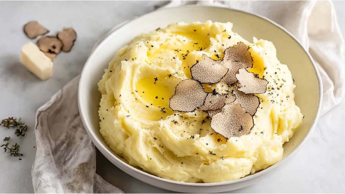 Teller mit Trüffel-Kartoffelpüree mit Trüffelscheiben als Toppig.