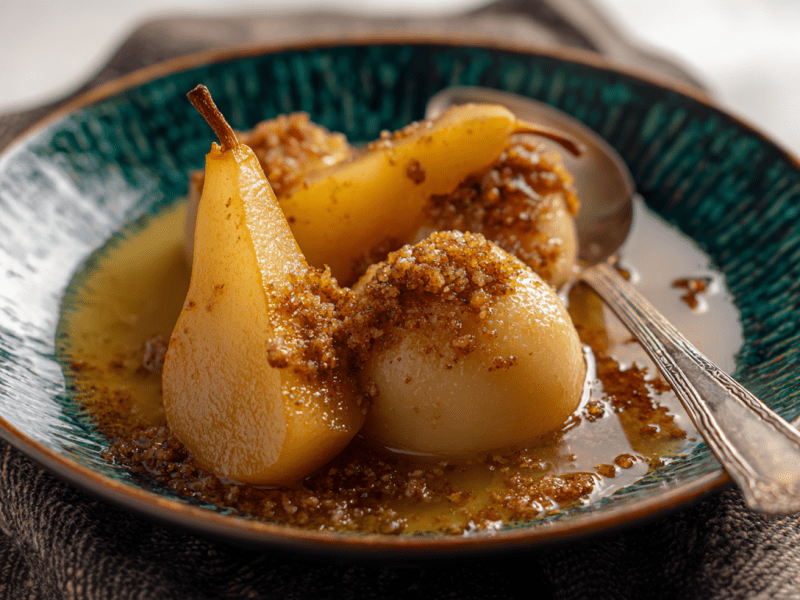 Ein Teller mit Zimtknödel mit gebackener Birne.