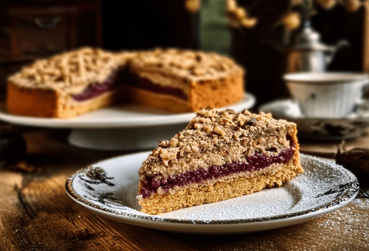 Ein Stück Zimtkuchen mit Pflaumenfüllung ist auf einem Teller serviert. Im Hintergrund steht der Rest des Kuchens.